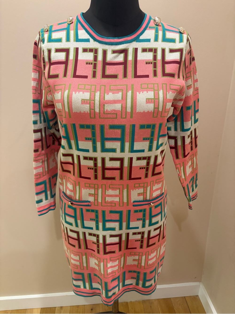 Multicolor Geometric Knit Women's Dress - Pink & Teal